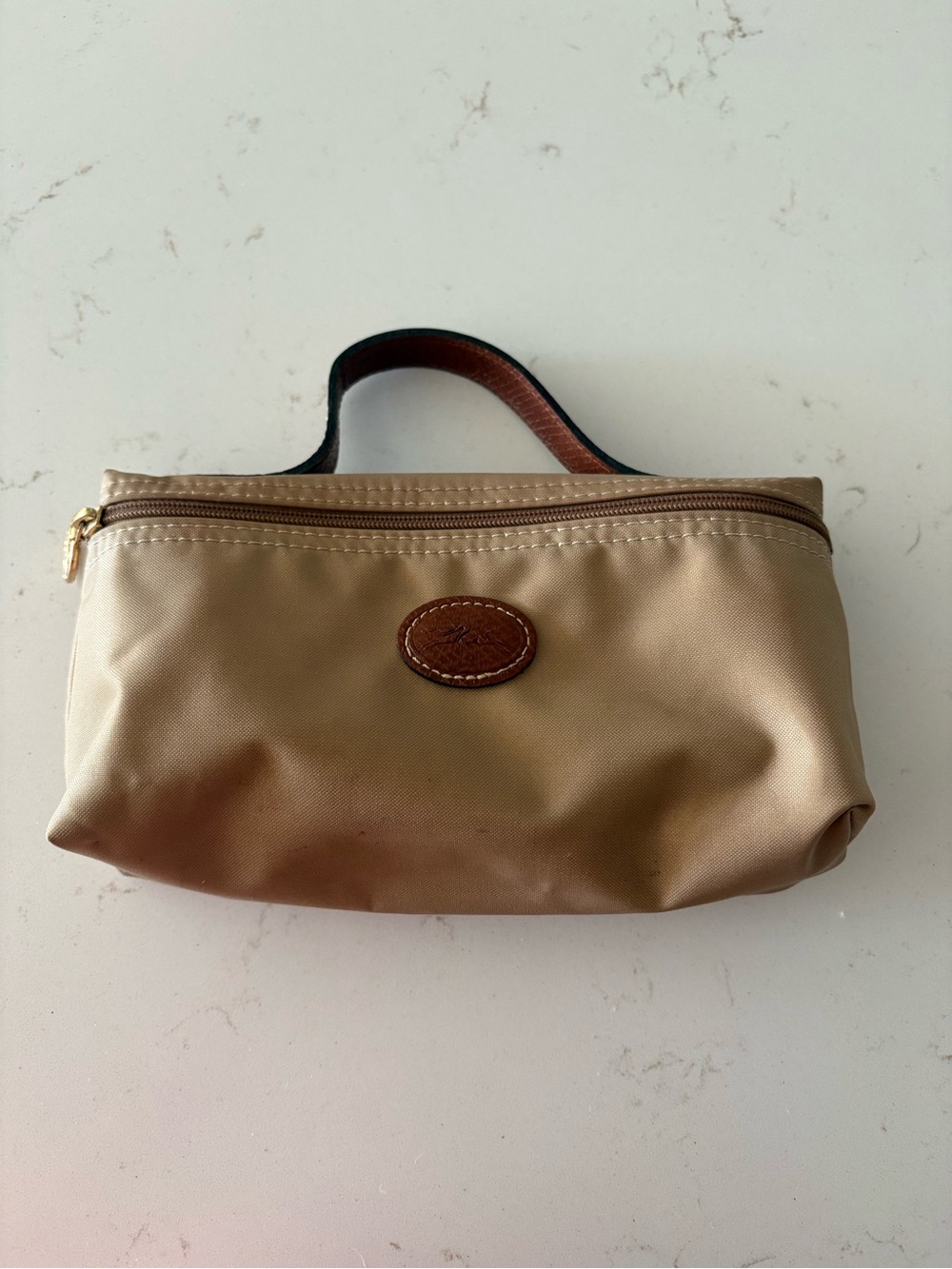 Longchamp Beige Nylon Wristlet with Brown Leather Trim